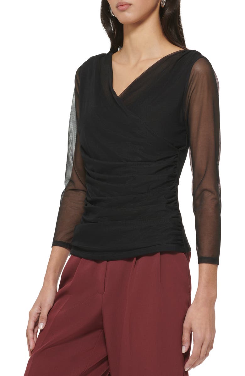 DKNY Surplice Mesh Top, Alternate, color, Black