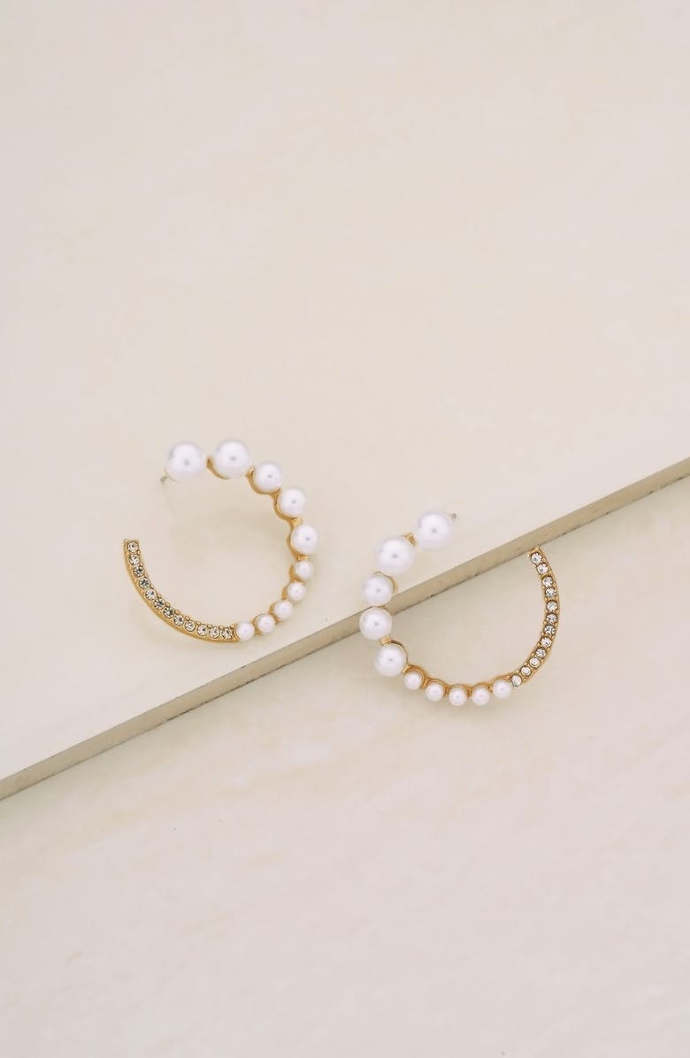 Ettika Crystal & Imitation Pearl Frontal Hoop Earrings, Alternate, color, Gold