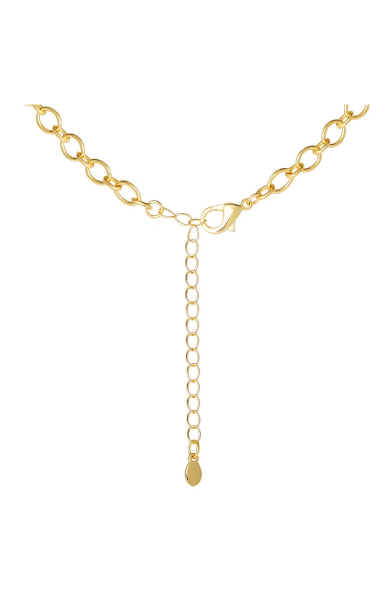 Jessica Simpson Gold-Tone Charm Link Necklace with Cross, Heart & Pearl Accents, Alternate, color, Gold Tone