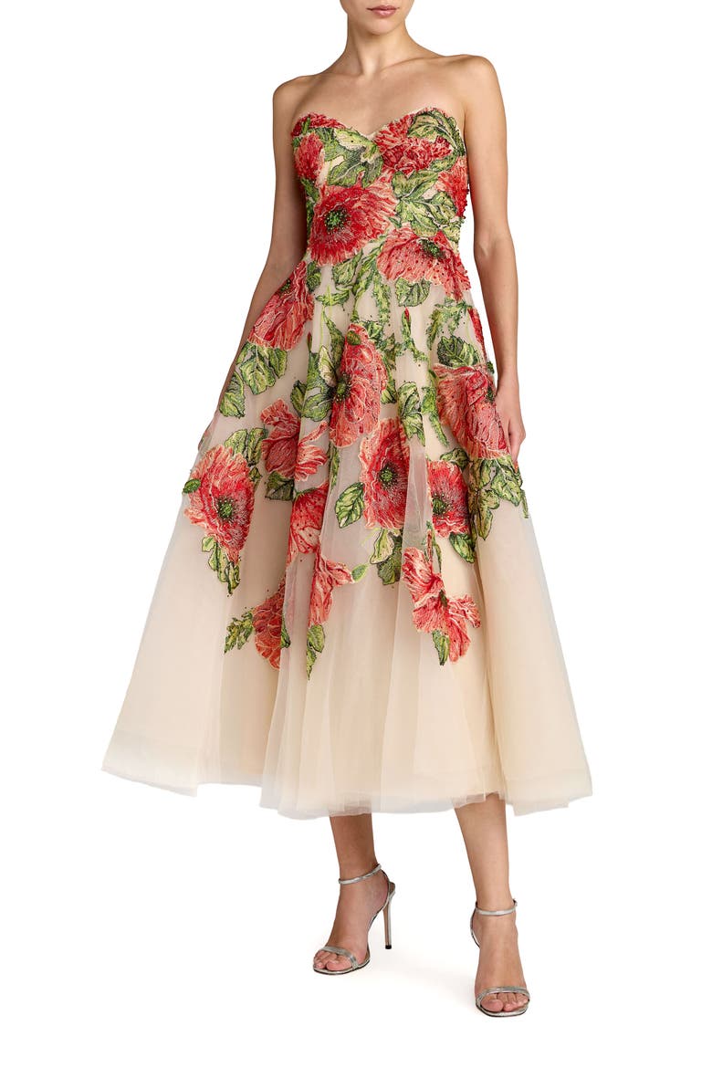 Embroidered Mesh Strapless A Line Midi Dress, Main, color, Nude Multi