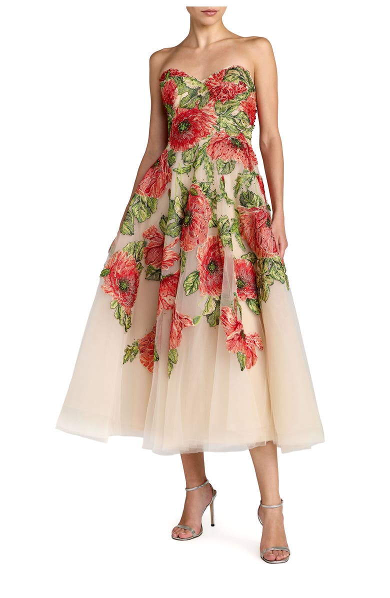 Mac Duggal Embroidered Mesh Strapless A Line Midi Dress, Main, color, Nude Multi