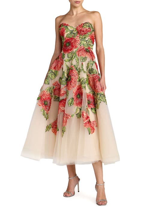 Embroidered Mesh Strapless A Line Midi Dress