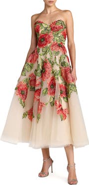 Mac Duggal Embroidered Mesh Strapless A Line Midi Dress