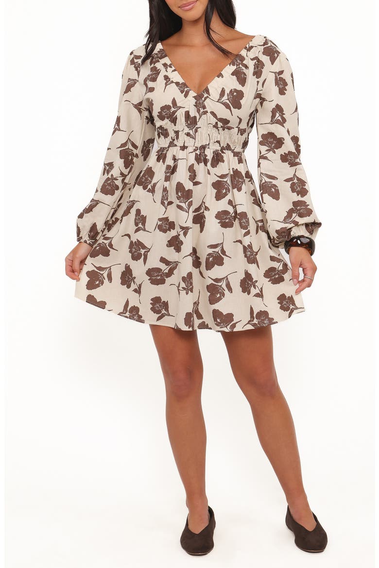 Cambria Floral Print Long Sleeve Cotton & Linen Minidress, Main, color, BROWN/ WHITE