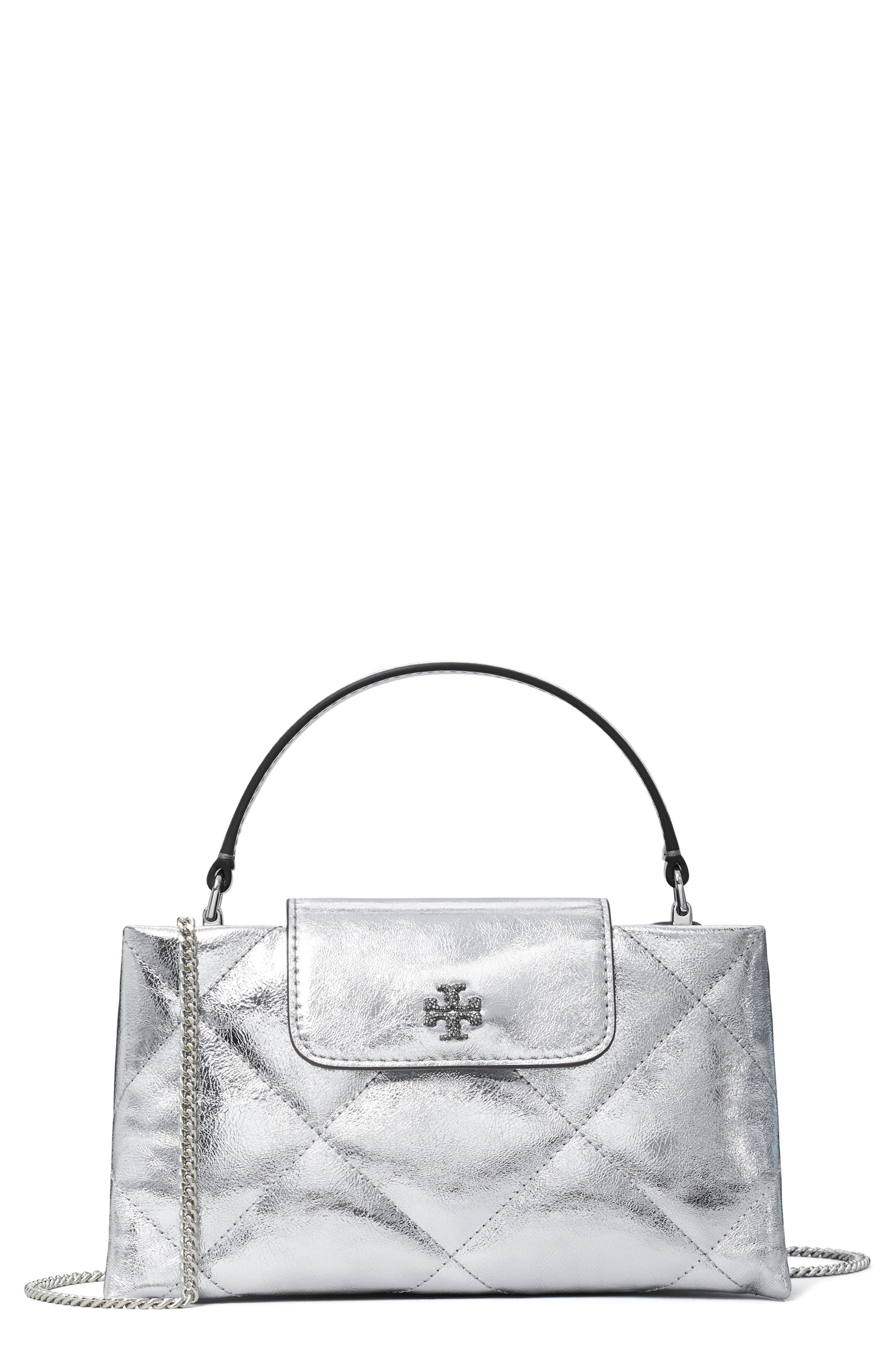 Tory Burch Kira Diamond Quilted East-West Top Handle Bag, Main, color, Silver