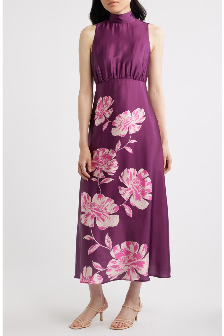 Floral Print Sleeveless Satin Maxi Dress, Main, color, PLUMBERRY