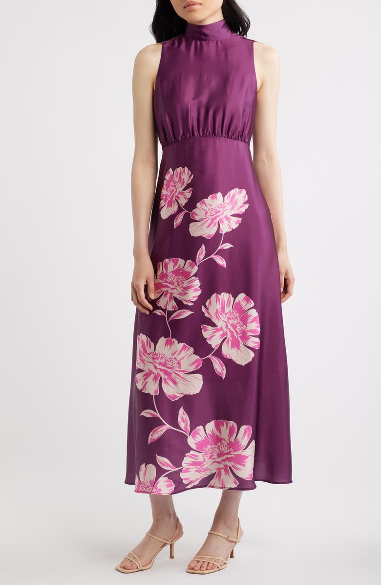 Eliza J Floral Print Sleeveless Satin Maxi Dress, Main, color, Plumberry