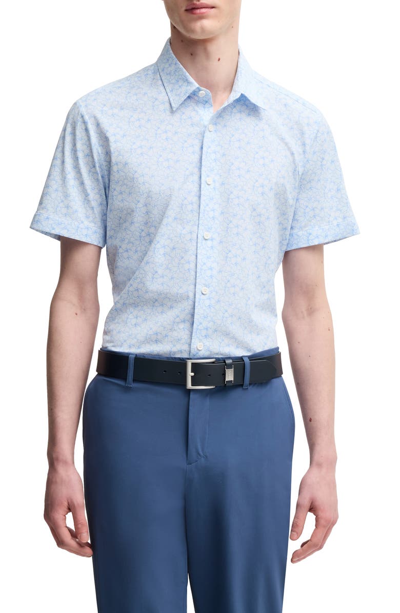 BOSS Roan Floral Short Sleeve Stretch Button-Up Shirt, Main, color, Light Blue