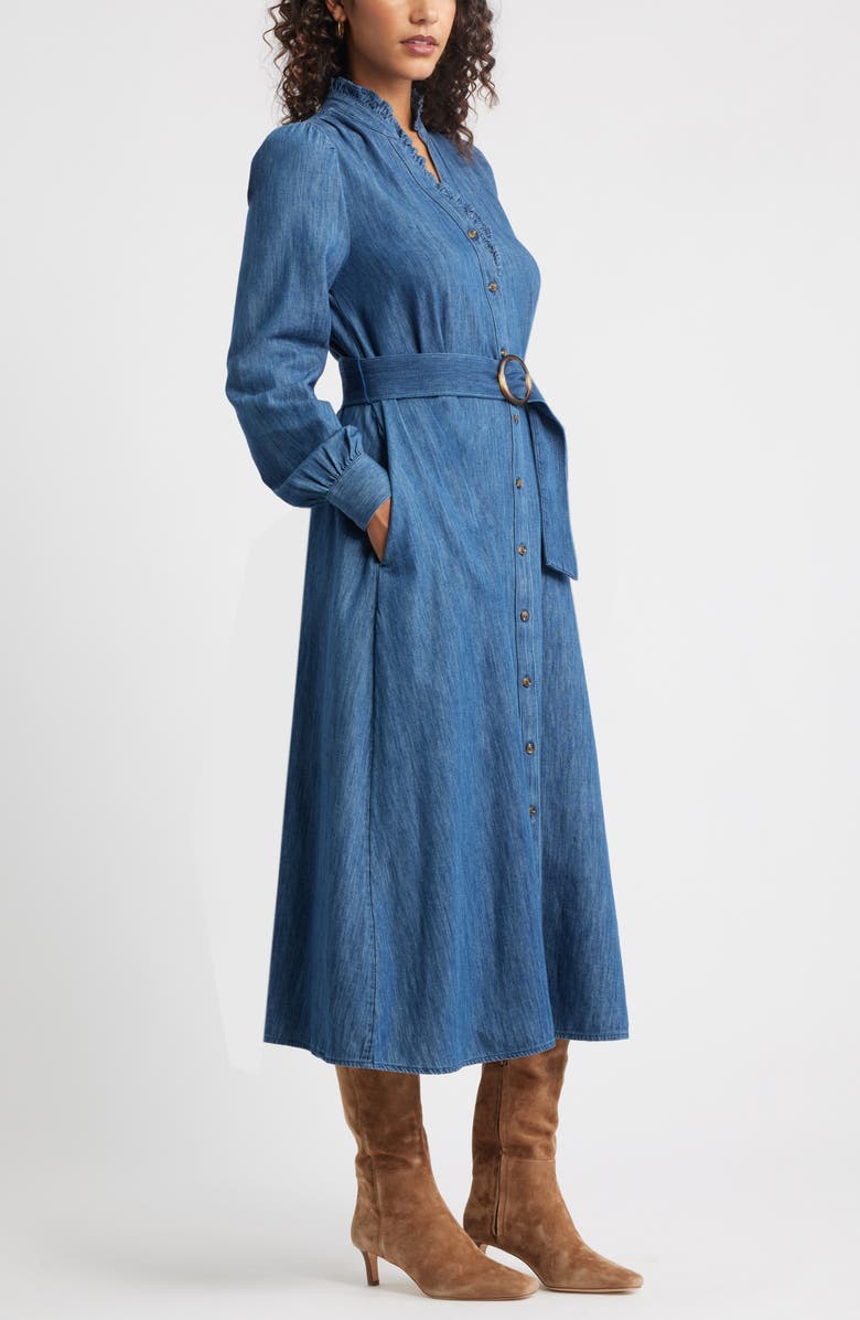 Caslon<sup>®</sup> Belted Ruffle Long Sleeve Denim Shirtdress, Alternate, color, Dark Wash