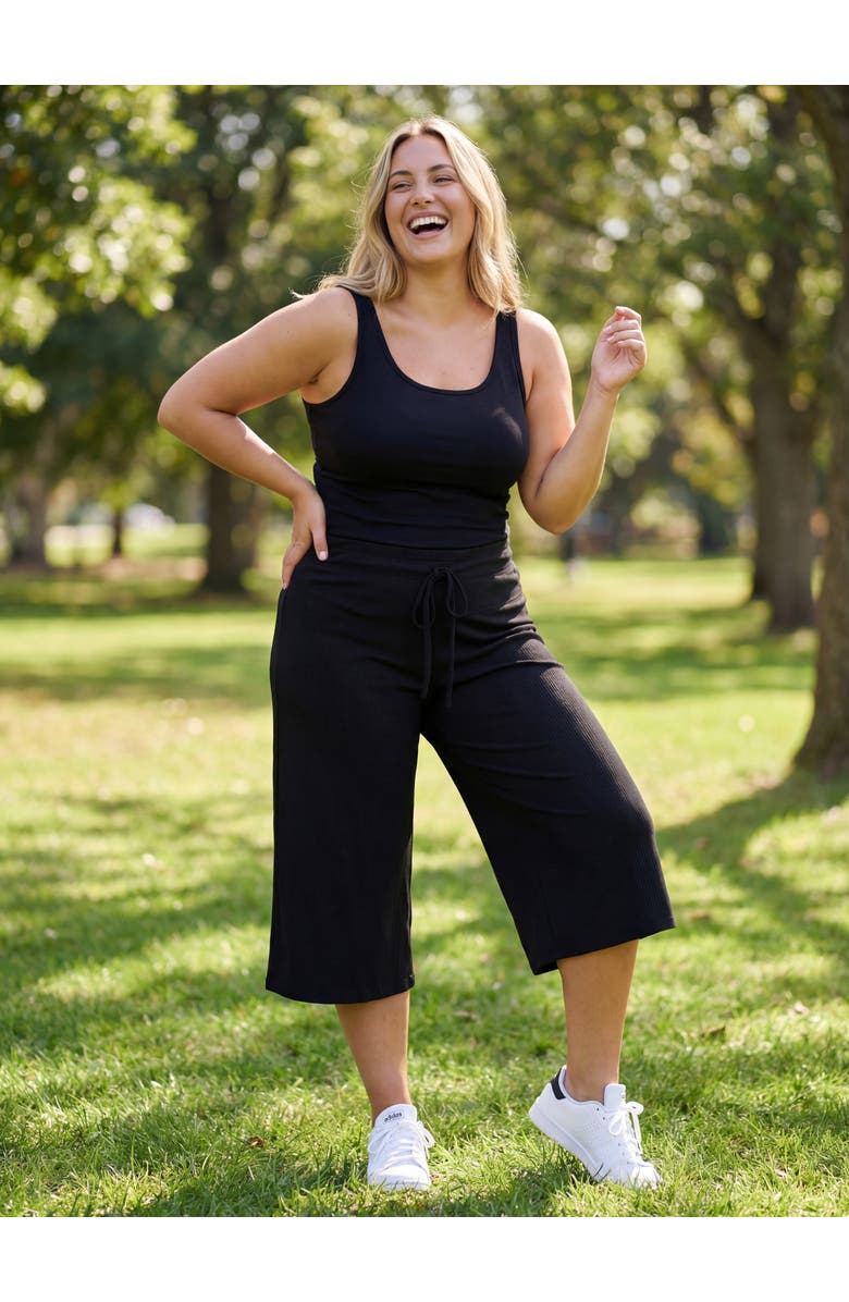24seven Comfort Apparel Curvy Basic Ribbed Knit Drawstring Flared Capri Pants, Alternate, color, Black