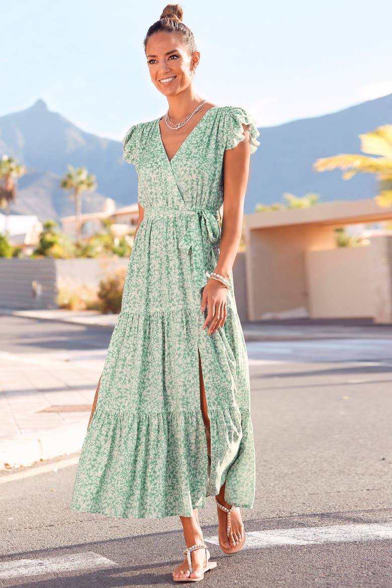 Flutter Sleeve Maxi Dress, Alternate, color, Green Patterned