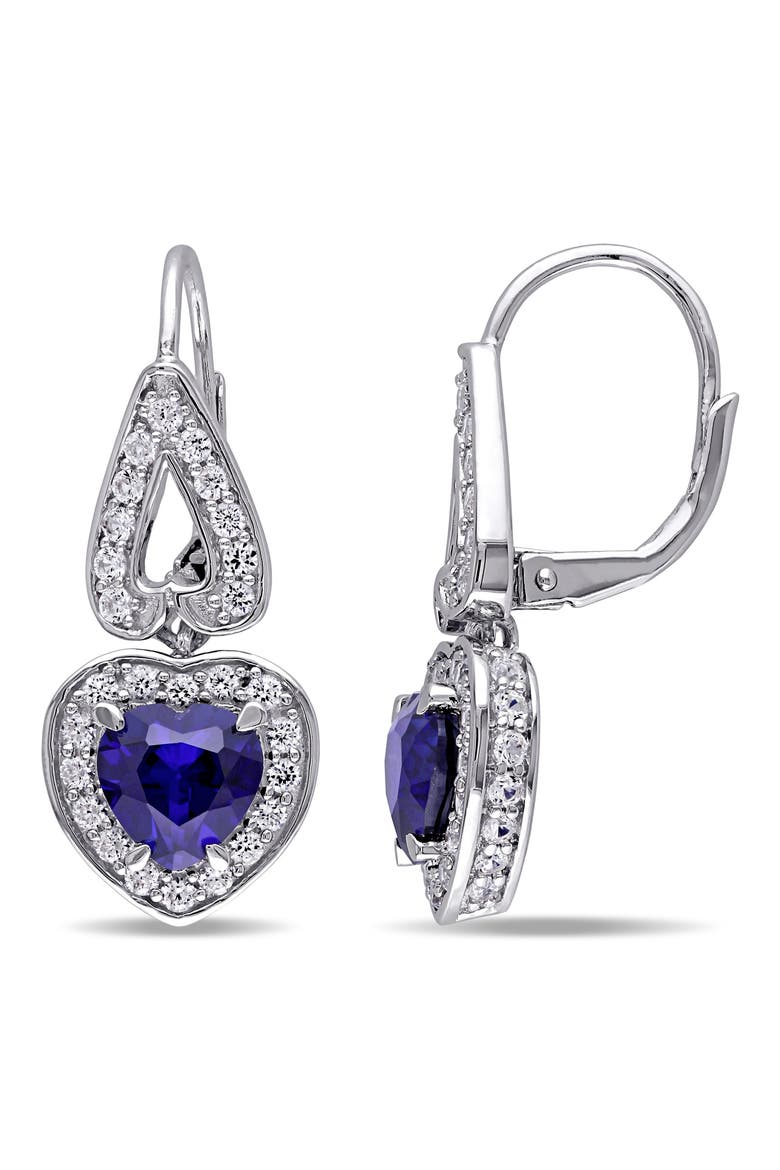 Lab Grown Sapphire & White Sapphire Heart Drop Earrings, Main, color, BLUE