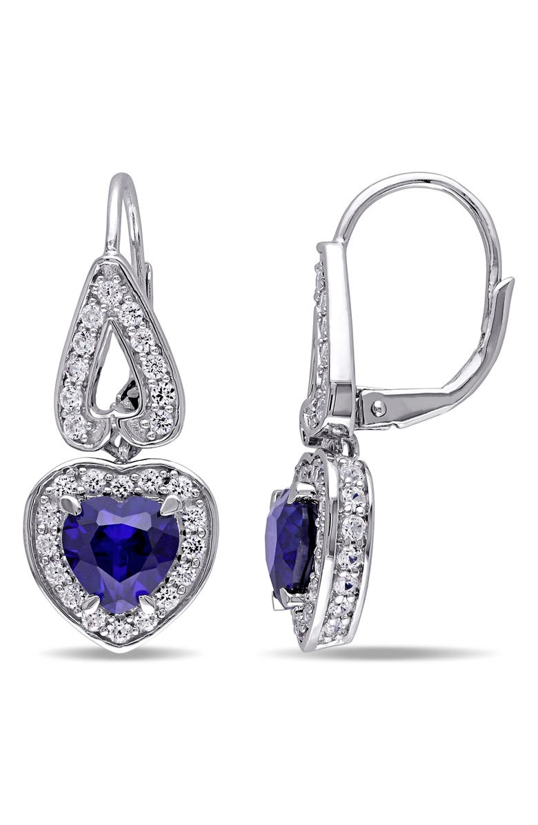 DELMAR Lab Grown Sapphire & White Sapphire Heart Drop Earrings, Main, color, Blue