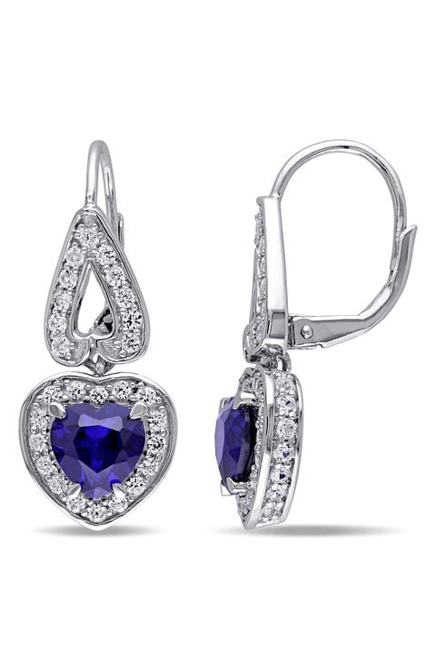Lab Grown Sapphire & White Sapphire Heart Drop Earrings