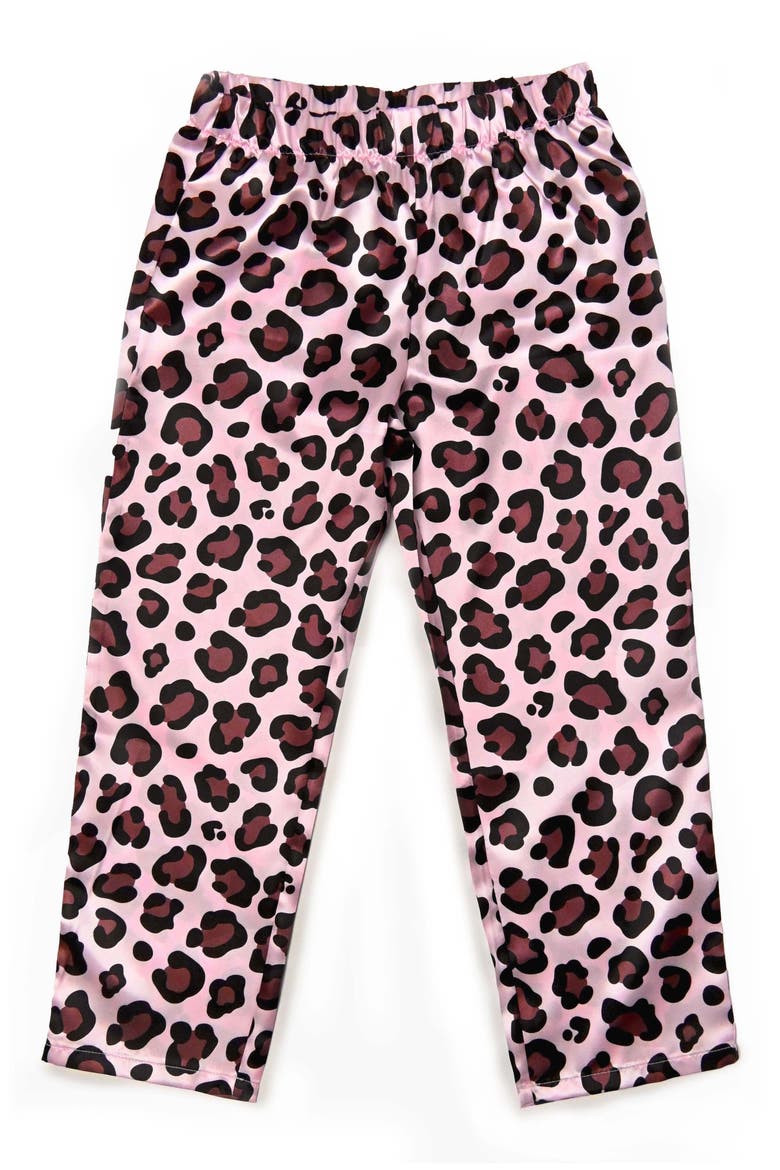 Kids' Leopard Satin Pajamas & Headband Set, Alternate, color, BROWN