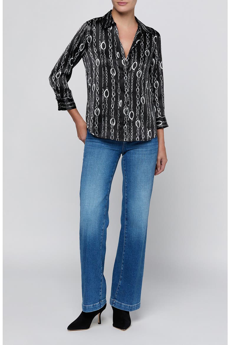 Dani Chain Print Silk Charmeuse Button-Up Shirt, Alternate, color, BLACK/SILVER CABLE CHAIN PRINT