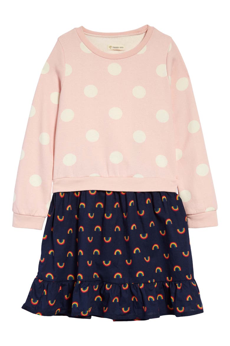 Kids' Sweet Fleece Dress, Main, color, PINK ENGLISH DOTS- RAINBOWS