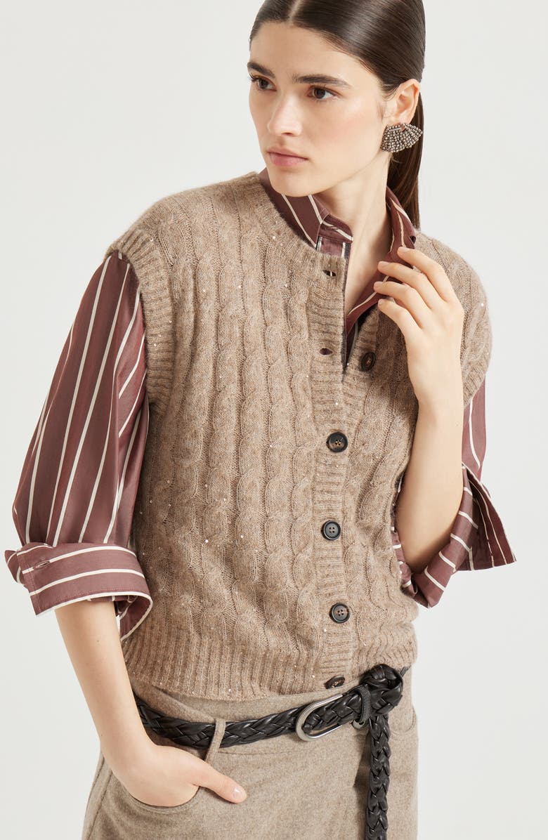 Brunello Cucinelli Dazzling Cable cardigan, Alternate, color, Hazelnut