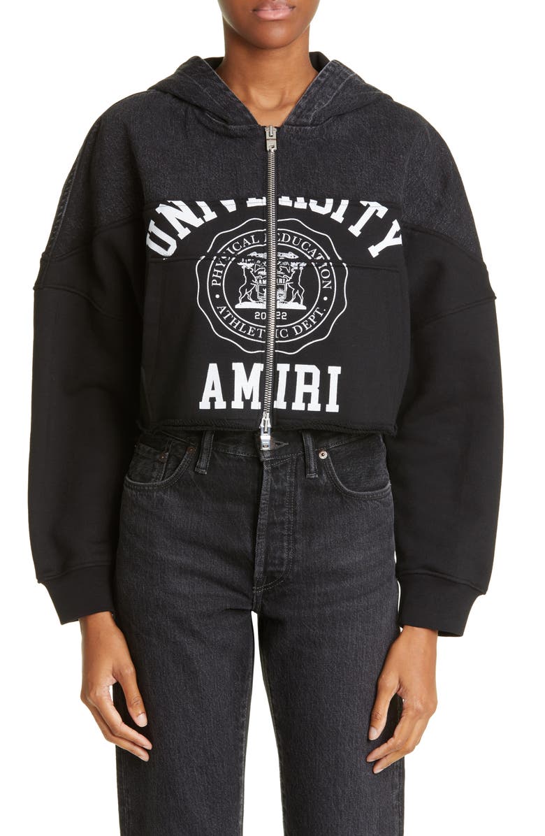 AMIRI Hybrid Denim & Terry Graphic Zip Crop Hoodie, Main, color, 