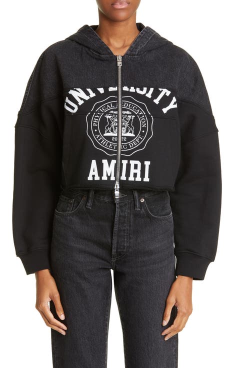 Hybrid Denim & Terry Graphic Zip Crop Hoodie