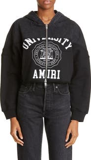 AMIRI Hybrid Denim & Terry Graphic Zip Crop Hoodie