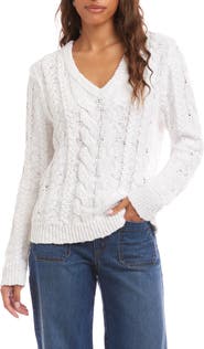 Karen Kane Cable Stitch V-Neck Cotton Sweater