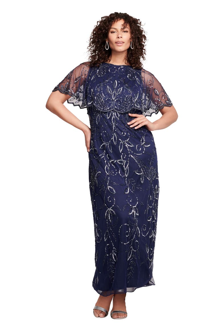 Plus Size Beaded Capelet Maxi Gown Glam Evening Dress, Main, color, NAVY