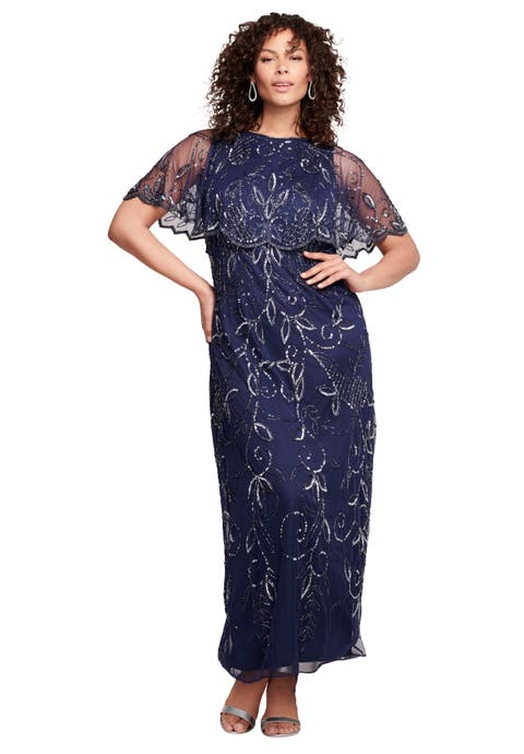 Plus Size Beaded Capelet Maxi Gown Glam Evening Dress (Plus)