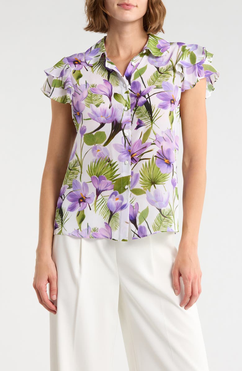 Alice + Olivia Ziggy Ruffle Cap Sleeve Top, Main, color, Floral Palm Cream