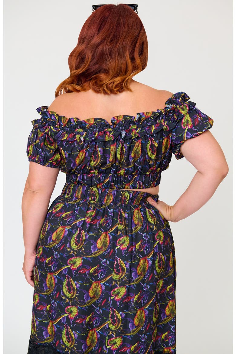 Plus Size 1970s Off Ruffle Up Crop Top, Alternate, color, Purple w/ Plants Print
