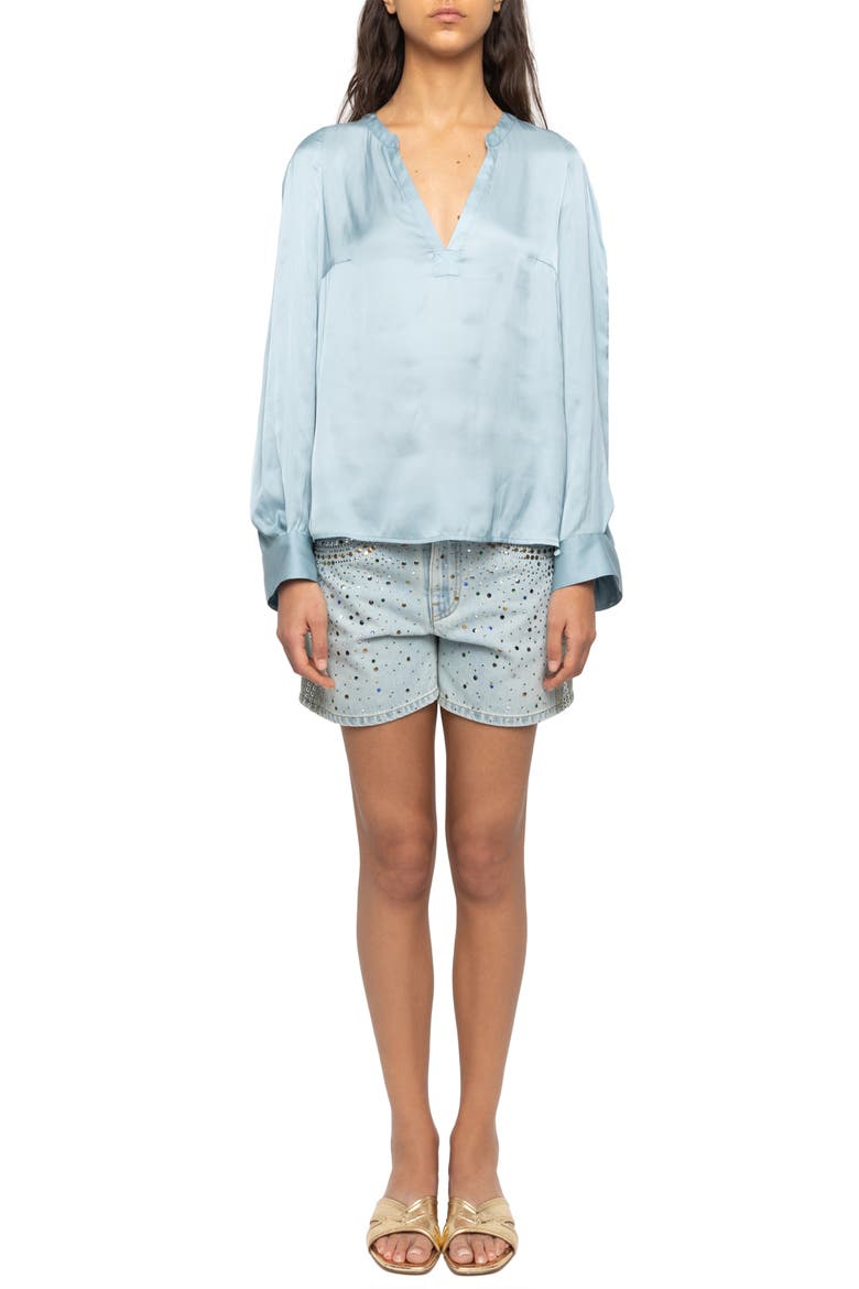 Torny Satin Split Neck Top, Alternate, color, SKY