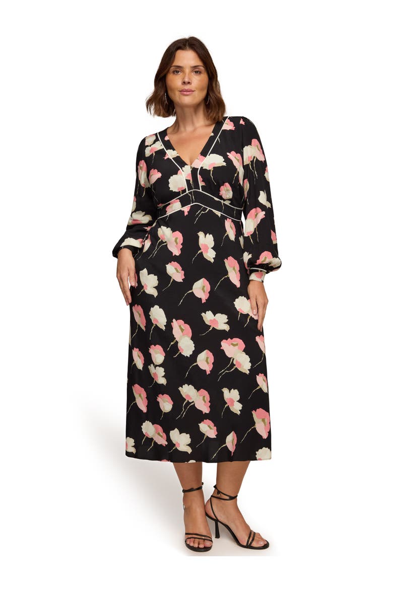 Floral Print Piping Detail Dress, Main, color, Black