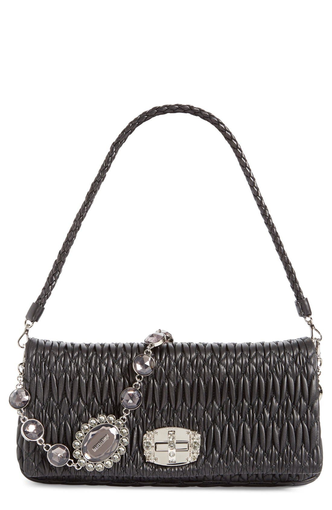 Miu Miu Medium Swarovski Crystal Chain Leather Shoulder Bag, Main, color, 