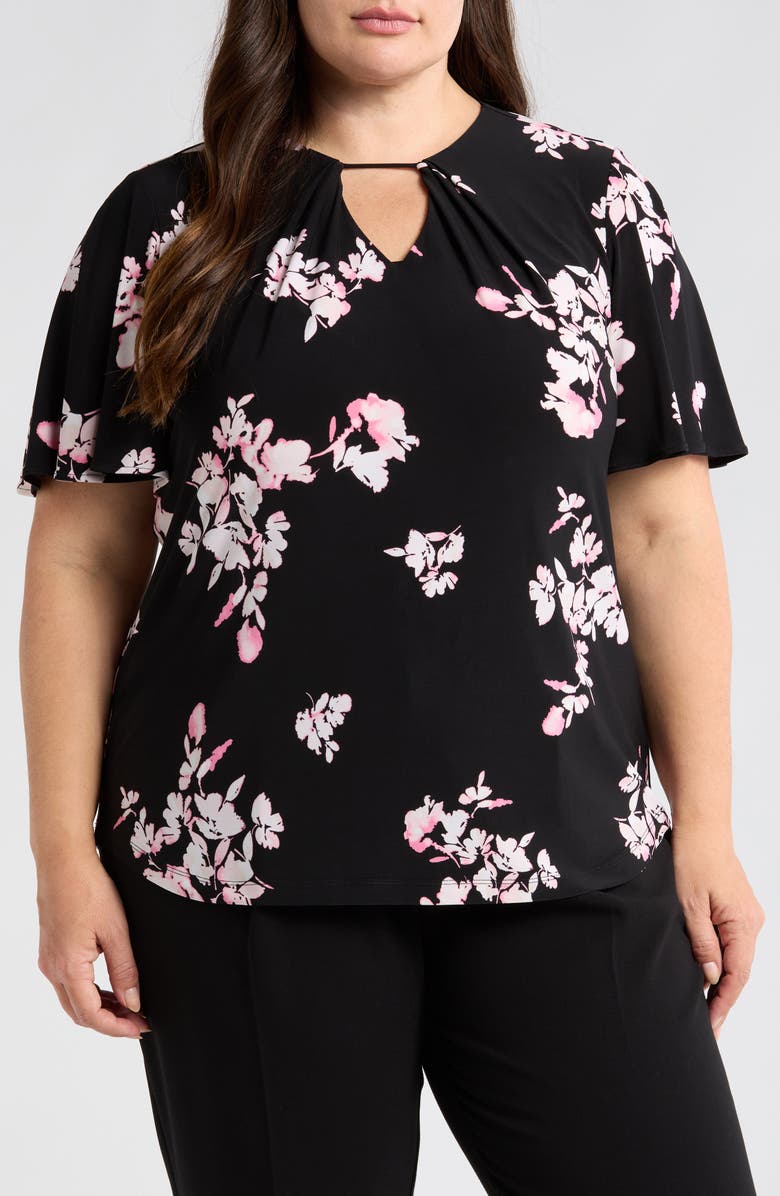 Anne Klein Floral Print Pleat Neck Top, Main, color, Anne Black Multi