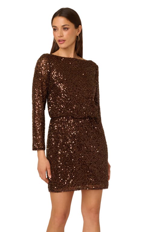 Adrianna Papell Sequin Long Sleeve Minidress In Brown