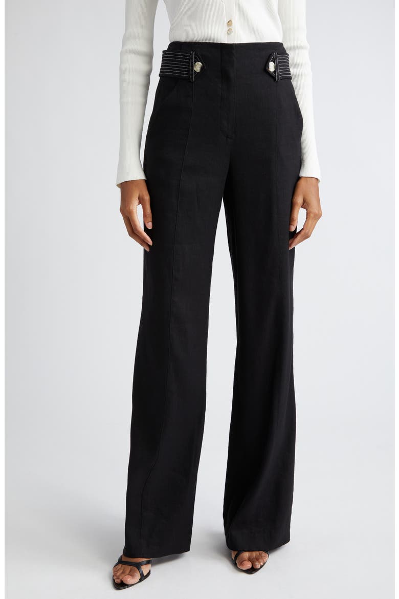 Sunny Button Tab Linen Blend Wide Leg Pants, Main, color, BLACK