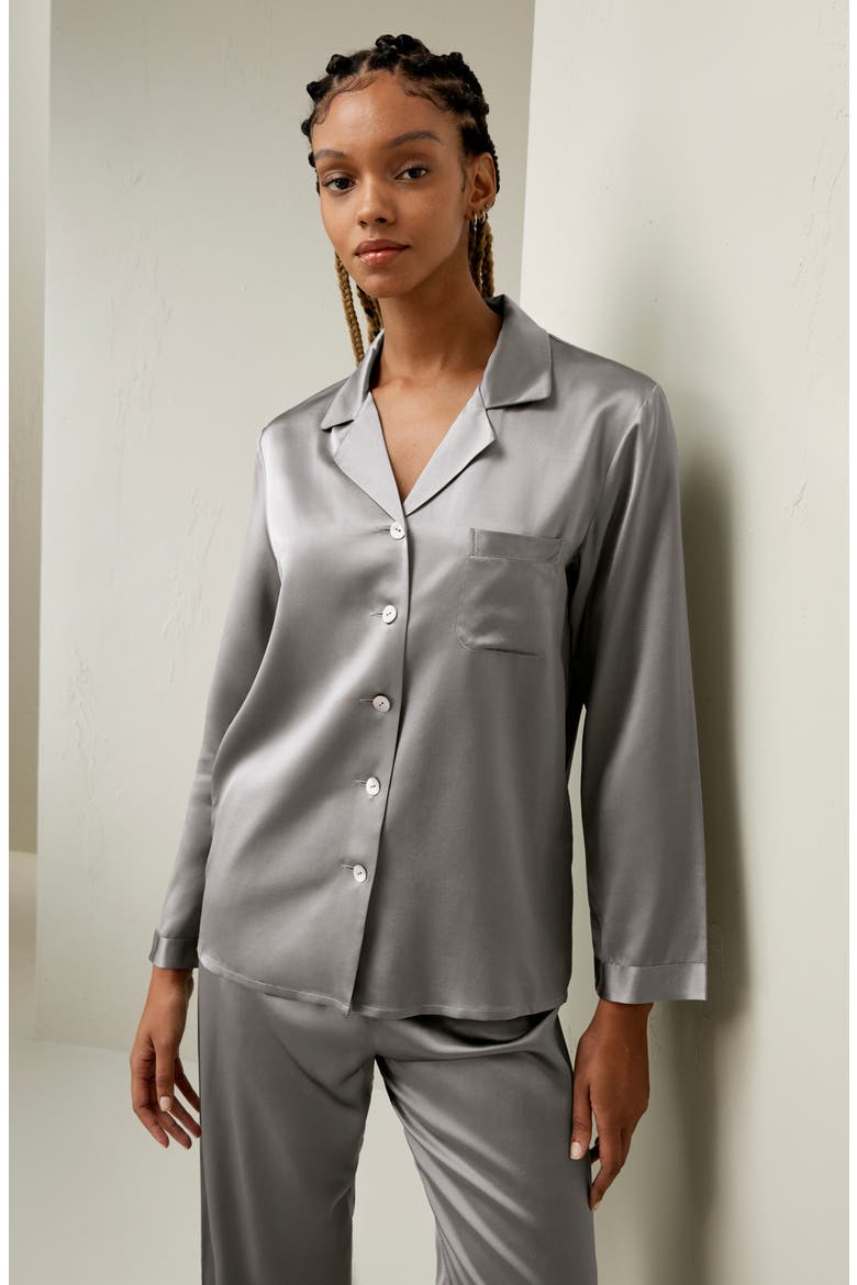 Women's Full Length Silk Pajamas Set, Alternate, color, Dark Gray