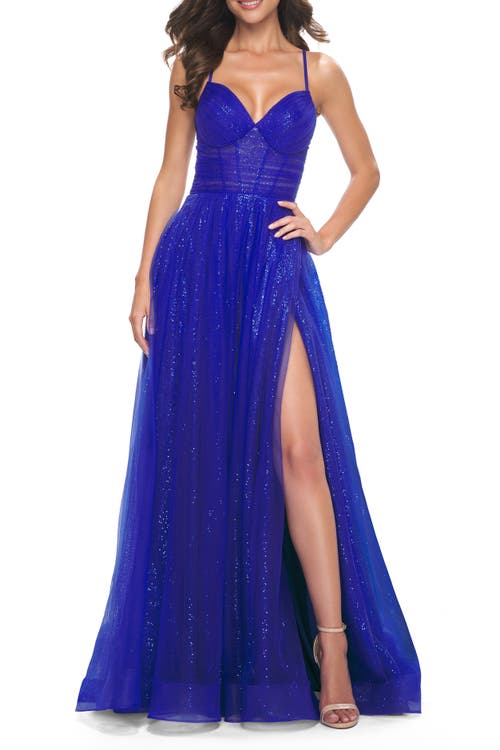 La Femme A-line Prom Dress With Sequin Lining And Illusion Top In Electric Blue
