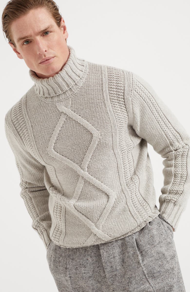 Brunello Cucinelli Irish cable turtleneck sweater in cashmere Feather yarn, Alternate, color, 