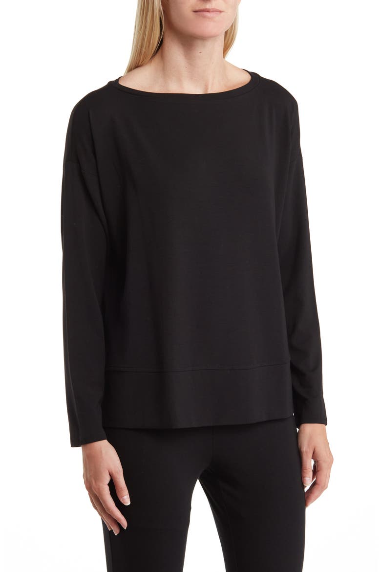 Boat Neck Long Sleeve Boxy Top, Main, color, BLACK