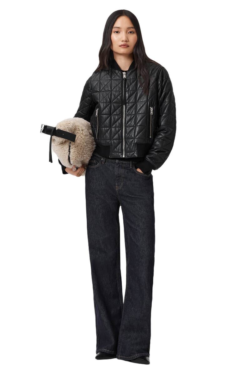 AllSaints Carly Quilted Leather Bomber Jacket, Alternate, color, Black