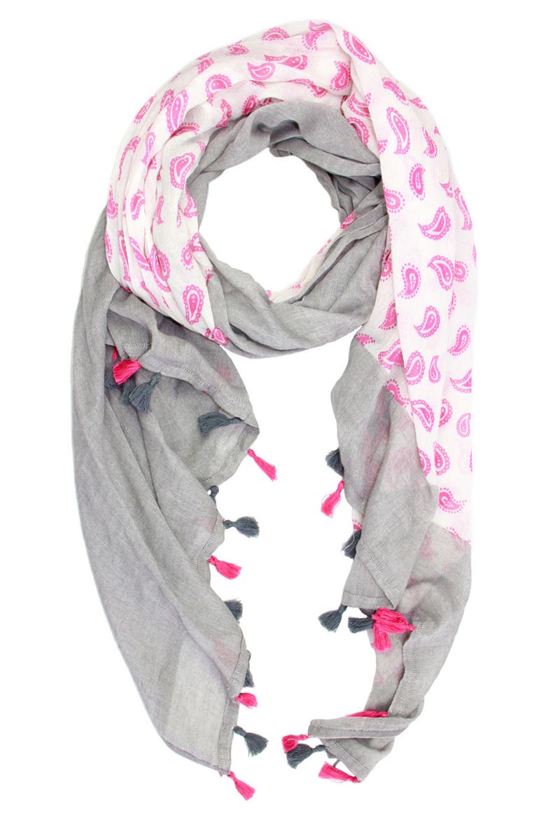 Paisley Panel Tassel Trim Scarf, Alternate, color, GREY