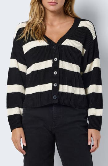 Shop Noisy May Maysa Stripe V-neck Crop Cardigan In Black Stripeseggnog