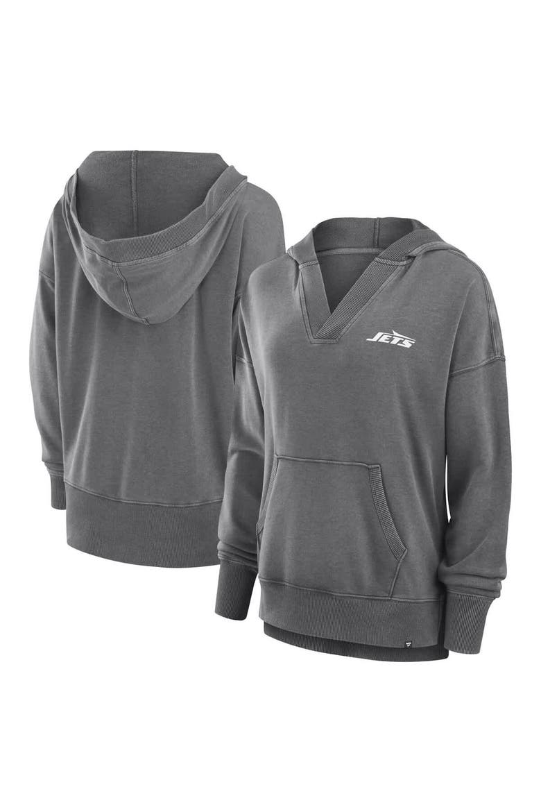 Women's Fanatics  Heather Charcoal New York Jets Initiative Snow Wash French Terry V-Neck Pullover Hoodie, Alternate, color, Heather Charcoal