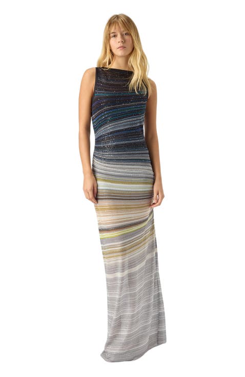 Long Boat-neck Dress In Striped Knit