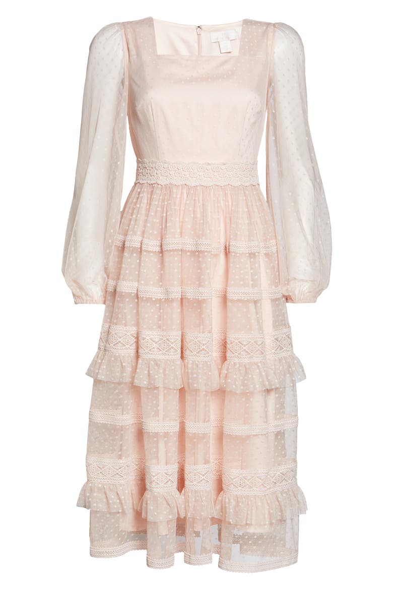 Tiered Ruffle Long Sleeve Lace Midi Dress, Alternate, color, PINK PEACH