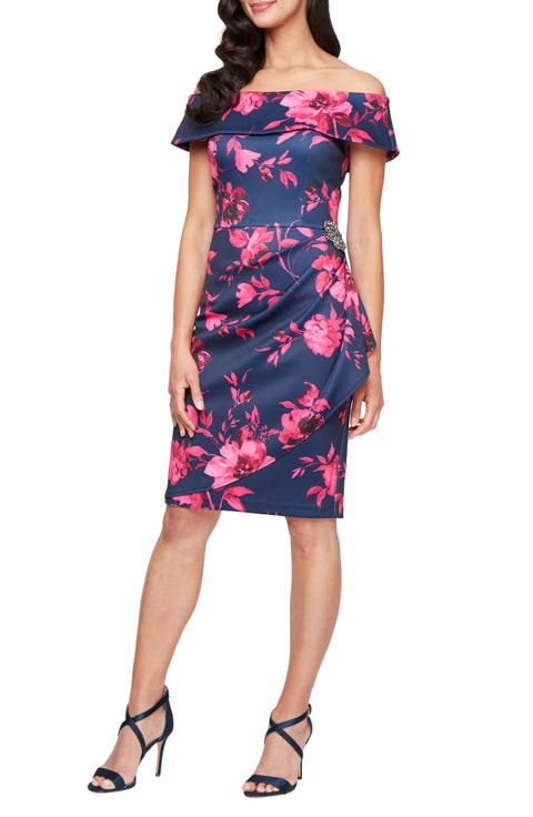Floral Off the Shoulder Stretch Scuba Crepe Cocktail Dress