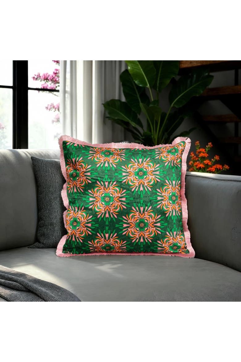 Cotton Blend Velvet Printed Pillow with Floral Pattern and Eyelash Fringe, Green, Pink and Orange Color, Alternate, color, Green