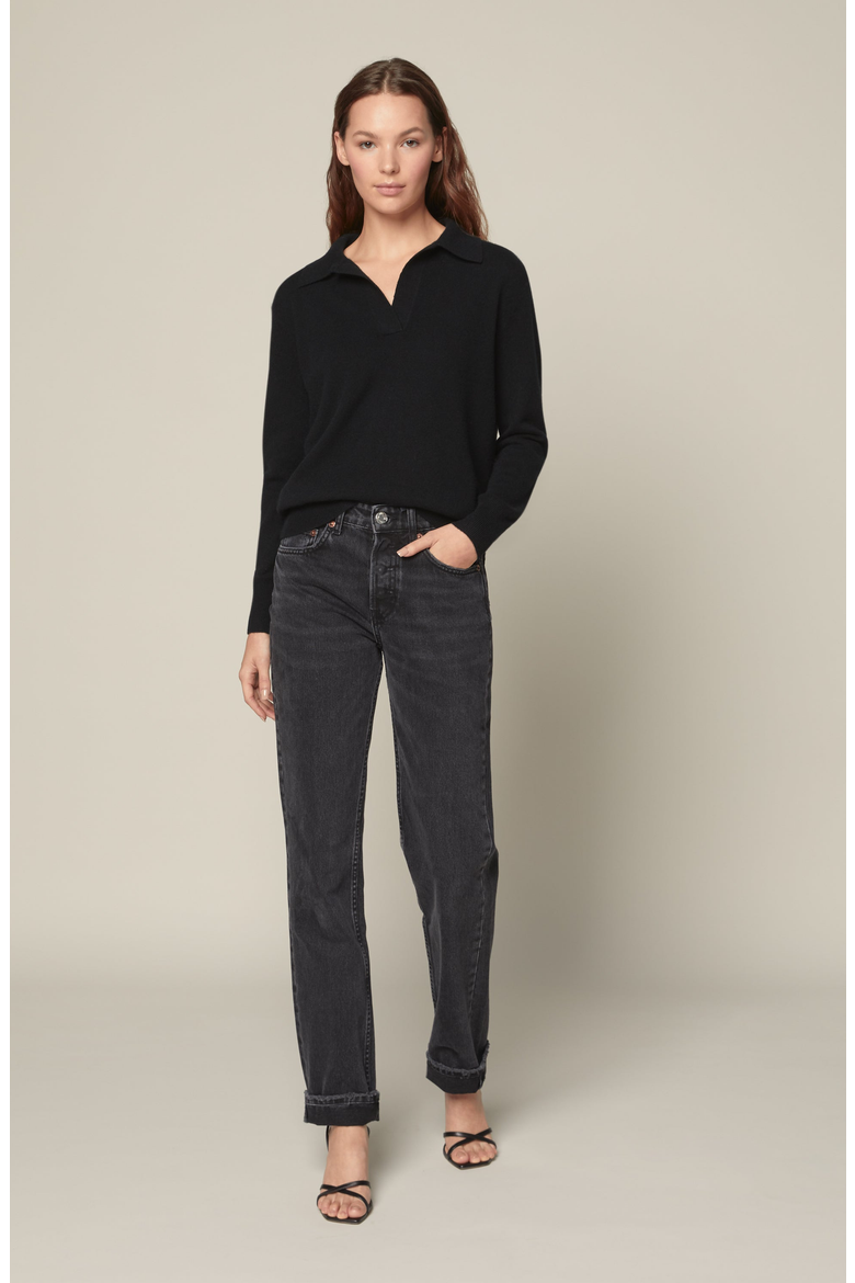 Camila Airy Cashmere Collared Sweater, Main, color, Black