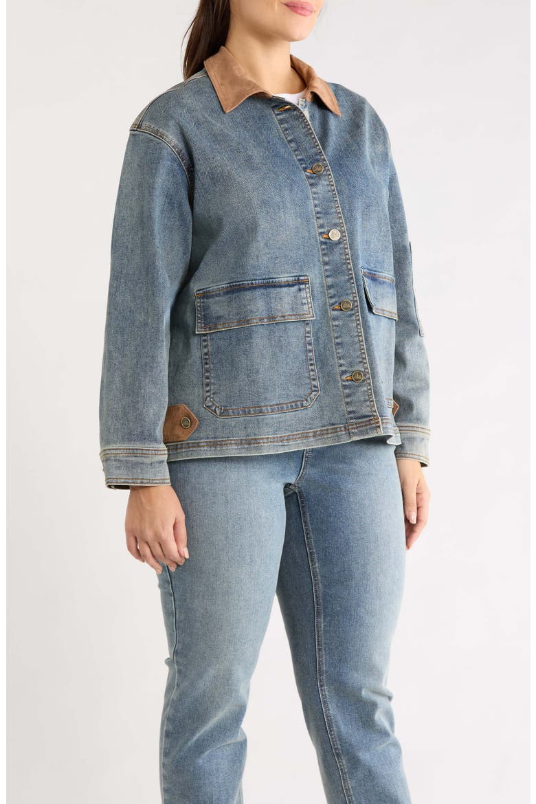 Denim Jacket with Faux Leather Trim, Alternate, color, INDIGO